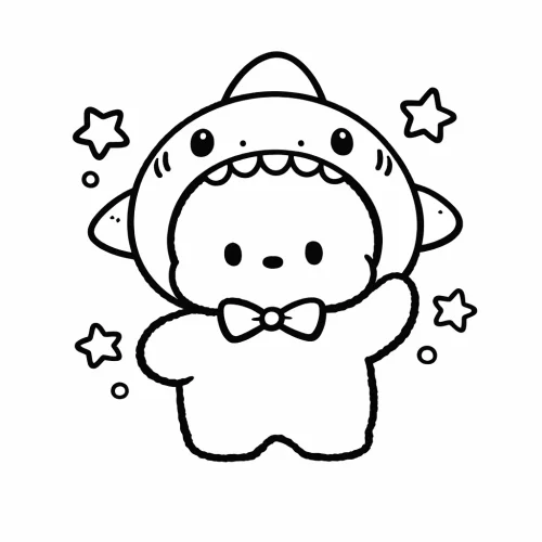Tranh tô màu chú cún chibi mặc đồ cá mập giữa sao