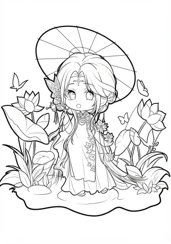Mẫu tô màu cô bé chibi cầm ô giữa hoa