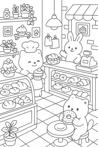 Hình tô màu tiệm bánh của các bạn thú chibi