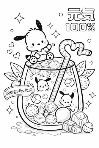 Mẫu tô màu pochacco chibi trong ly trà sữa