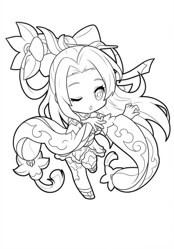 Hình tô màu cô bé chibi tóc dài bay giữa lá