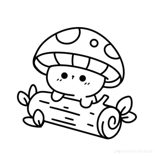 Mèo chibi đội nấm ngồi trên khúc gỗ