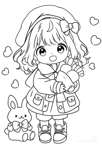 Mẫu tô màu cô bé chibi ôm củ cà rốt bên thỏ con