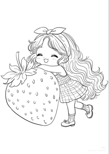 Tranh tô màu cô bé chibi ôm quả dâu to