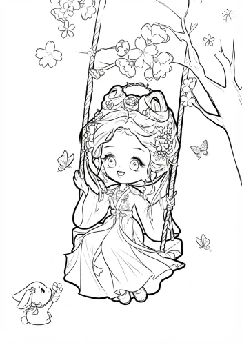 Tranh tô màu cô bé chibi ngồi xích đu