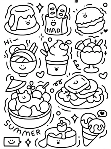 Hình tô màu đồ ăn mùa hè chibi kín trang