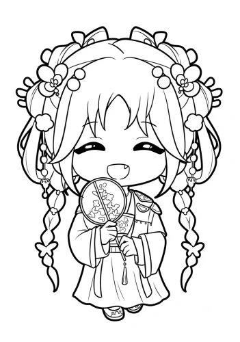 Tranh tô màu cô bé chibi cầm gương