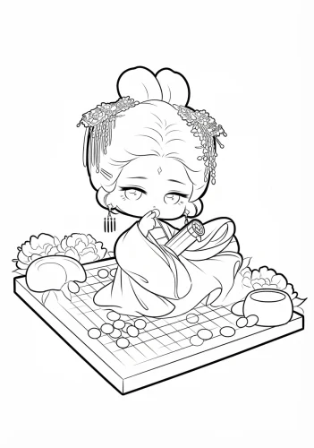 Cô bé chibi cầm quạt ngồi trên gối