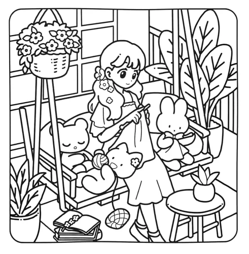 Cô bé chibi đọc sách giữa cây cảnh và thú nhỏ