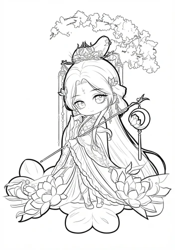 Tranh tô màu cô bé chibi áo cổ trang dưới cành cây