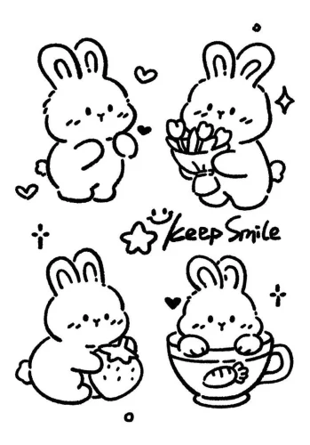 Tranh tô màu bốn chú thỏ chibi và chữ Keep Smile