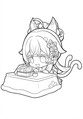 Tranh tô màu cô bé chibi tai mèo ngồi bên bàn