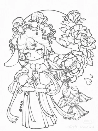 Mẫu tô màu cô bé chibi giữa vòng hoa lớn
