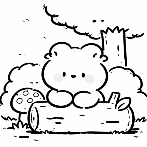 Mẫu tô màu gấu chibi ngồi sau khúc gỗ
