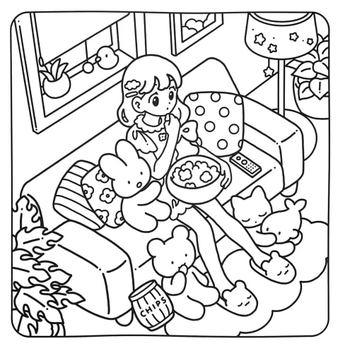 Cô bé chibi ngồi trên ghế sofa giữa thú bông
