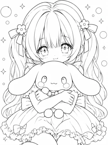 Tranh tô màu cô bé chibi ôm Cinnamoroll