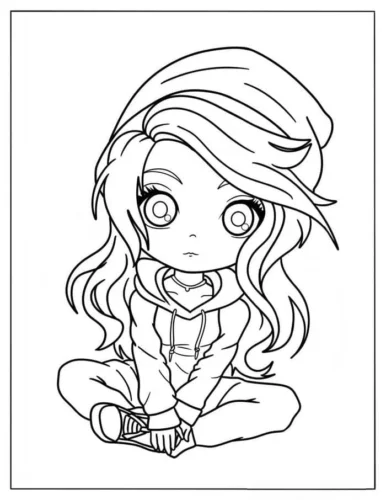 Cô bé chibi đội mũ ngồi khoanh chân