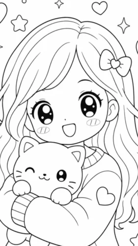 Cô bé chibi tóc dài ôm mèo con