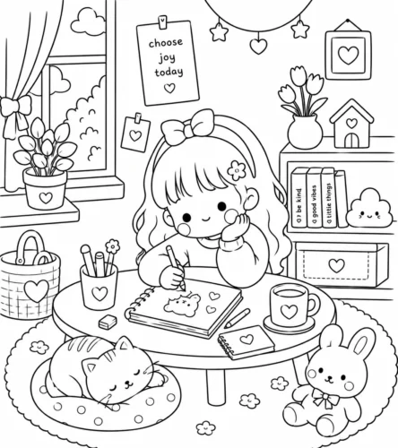 Cô bé chibi học bài trong phòng cùng mèo và thỏ
