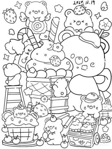 Gấu chibi giữa kẹo và bánh
