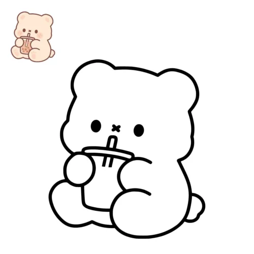 Gấu chibi uống trà sữa