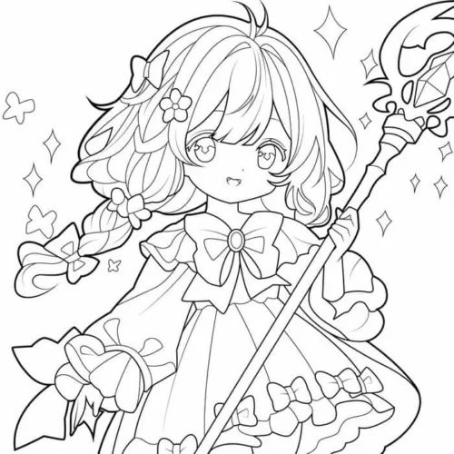 Tranh tô màu cô bé chibi cầm gậy phép giữa sao