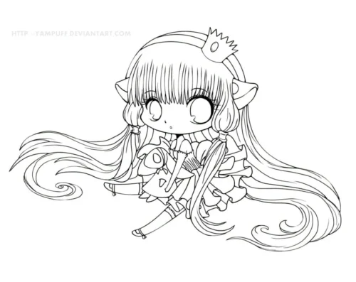 Tranh tô màu cô bé chibi tóc dài nằm