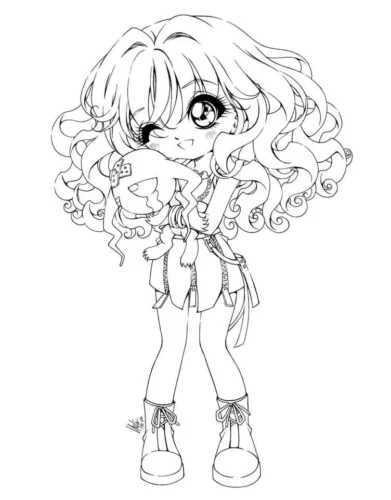 Hình tô màu cô bé chibi tóc xoăn đứng