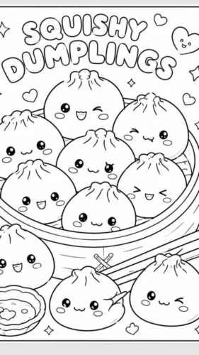 Mẫu tô màu những chiếc bánh bao chibi dưới chữ Squishy Dumplings