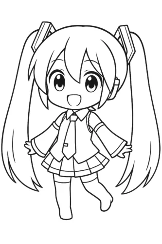 Mẫu tô màu cô bé chibi tóc hai bím mặc đồng phục