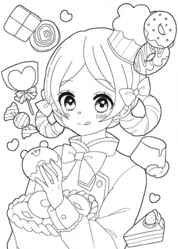 Tranh tô màu cô bé chibi giữa bánh kẹo