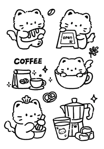 Hình tô màu mèo chibi bên cốc cà phê và bánh