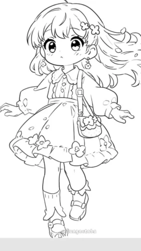 Tranh tô màu cô bé chibi tóc dài mặc váy