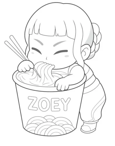 Hình tô màu cô bé chibi ngồi trong cốc mì