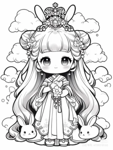 Mẫu tô màu công chúa chibi đội vương miện giữa thỏ con