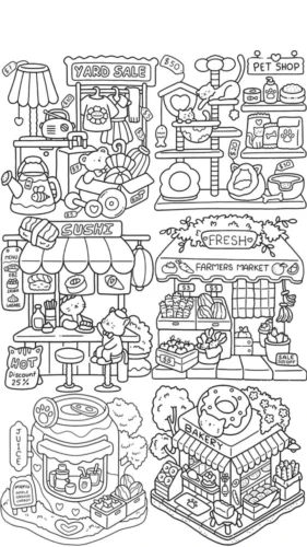 Tranh tô màu trang phố phường chibi nhiều chi tiết