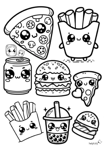 Hình tô màu đồ ăn nhanh chibi: pizza, burger, trà sữa