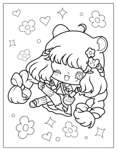 Hình tô màu cô bé chibi tai gấu giữa hoa