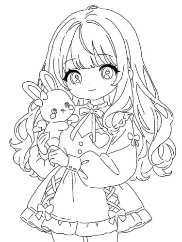 Mẫu tô màu cô bé chibi ôm thỏ bông