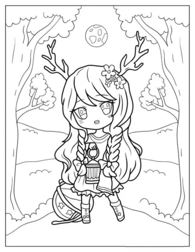 Tranh tô màu cô bé chibi có gạc hươu trong rừng