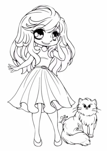 Mẫu tô màu cô bé chibi dắt mèo