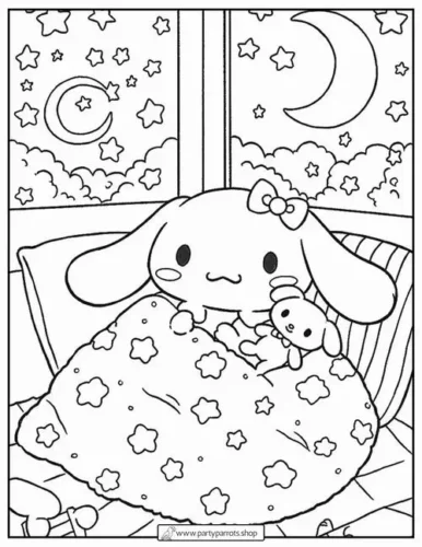 Cinnamoroll ôm gối bên cửa sổ đêm