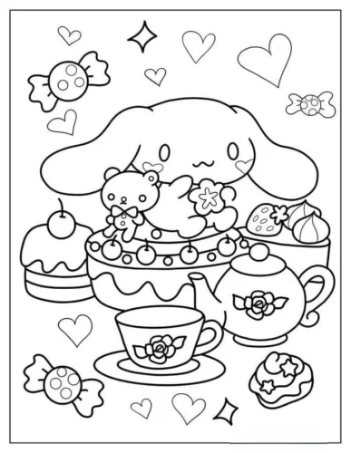 Cinnamoroll bên bàn bánh ngọt