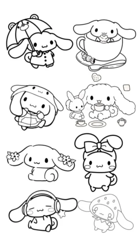 Ba Cinnamoroll với ô, tách và tai nghe