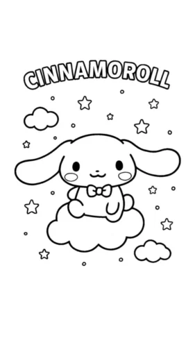 Cinnamoroll ngồi trên mây dưới chữ Cinnamoroll