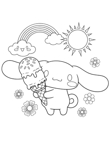 Cinnamoroll cầm kem ốc quế dưới cầu vồng