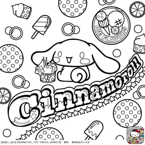 Cinnamoroll giữa bánh kẹo dưới chữ Cinnamoroll
