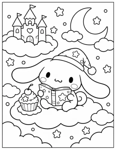 Cinnamoroll đọc sách trên mây trước lâu đài
