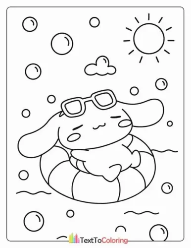 Tranh tô màu cinnamoroll đeo kính ngồi phao giữa bong bóng