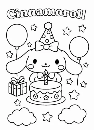 Hình tô màu cinnamoroll bên bánh sinh nhật